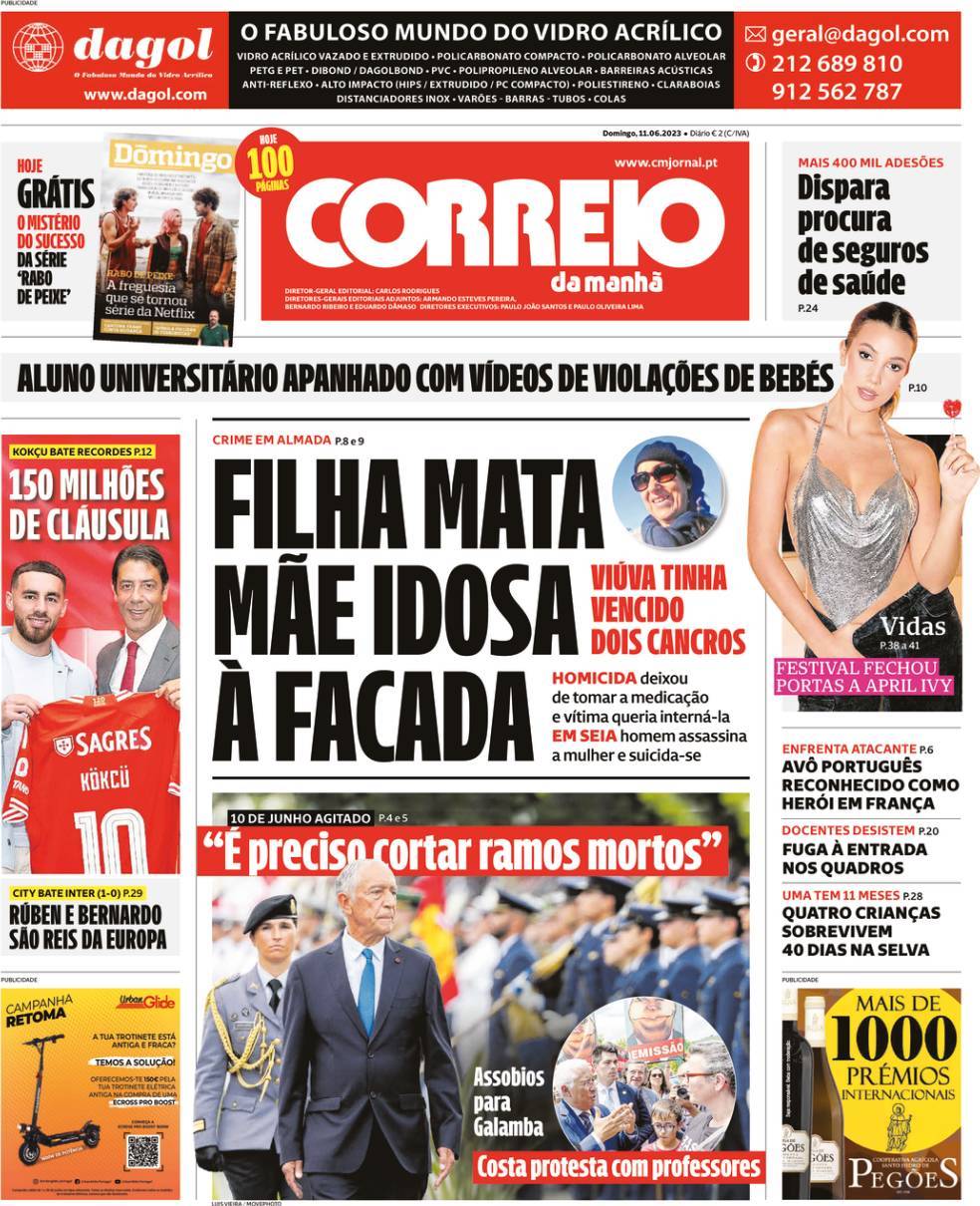 Correio da Manh&atilde;: Capa da Edi&ccedil;&atilde;o de domingo, 11 de junho 2023