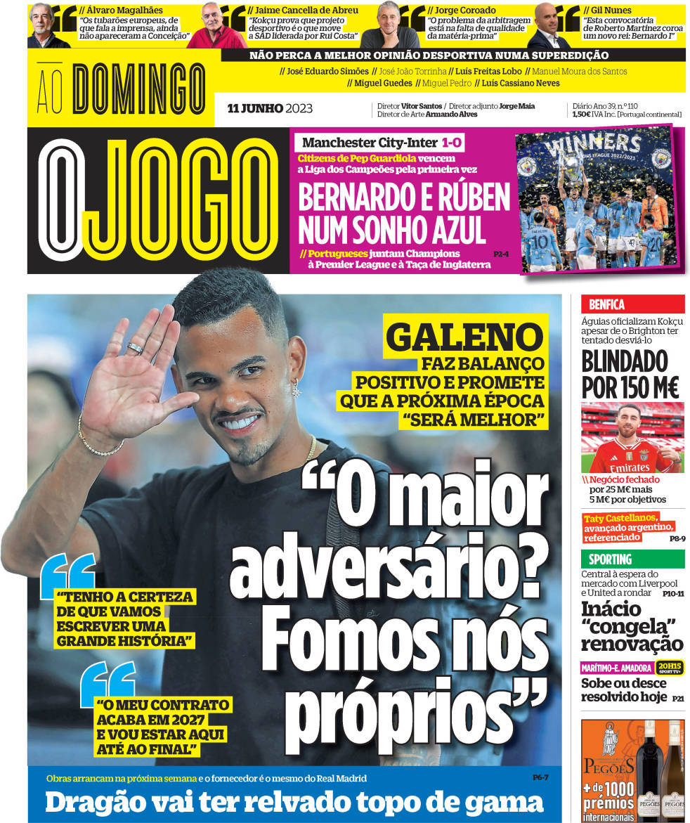 O Jogo: Capa da Edi&ccedil;&atilde;o de domingo, 11 de junho 2023