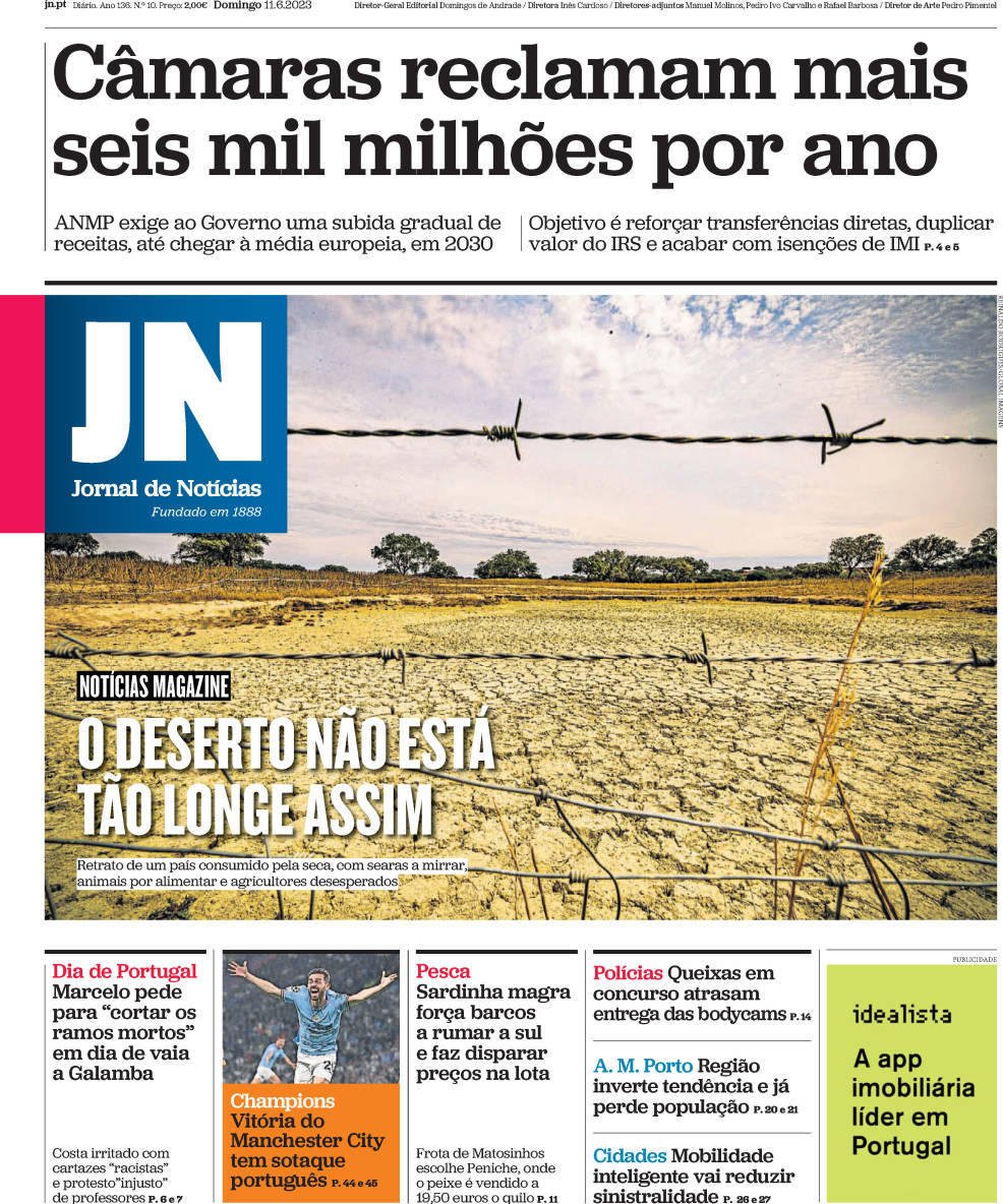 Jornal de Not&iacute;cias: Capa da Edi&ccedil;&atilde;o de domingo, 11 de junho 2023