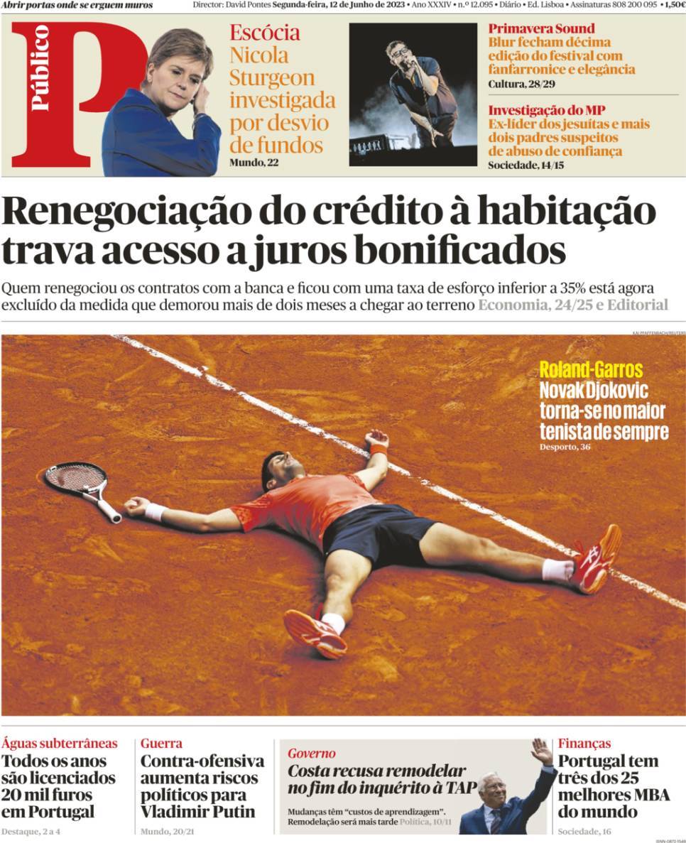 P&uacute;blico: Capa da Edi&ccedil;&atilde;o de segunda-feira, 12 de junho 2023