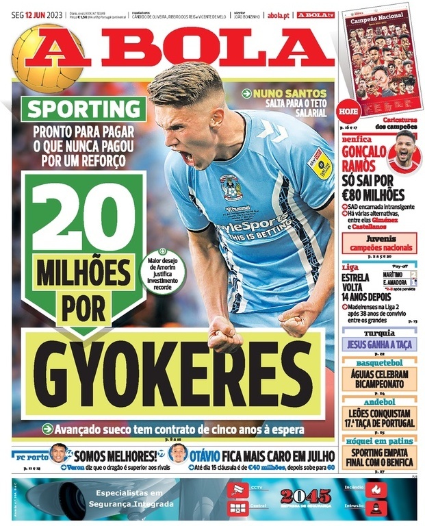 A Bola: Capa da Edi&ccedil;&atilde;o de segunda-feira, 12 de junho 2023