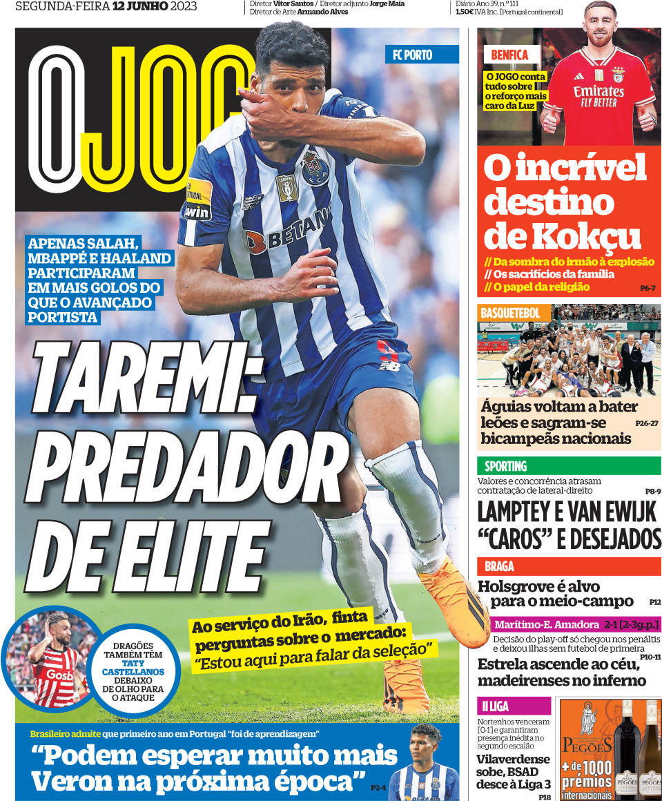 O Jogo: Capa da Edi&ccedil;&atilde;o de segunda-feira, 12 de junho 2023