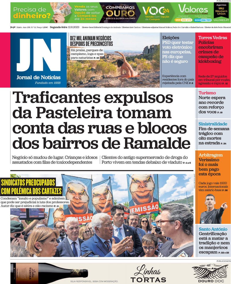 Jornal de Not&iacute;cias: Capa da Edi&ccedil;&atilde;o de segunda-feira, 12 de junho 2023