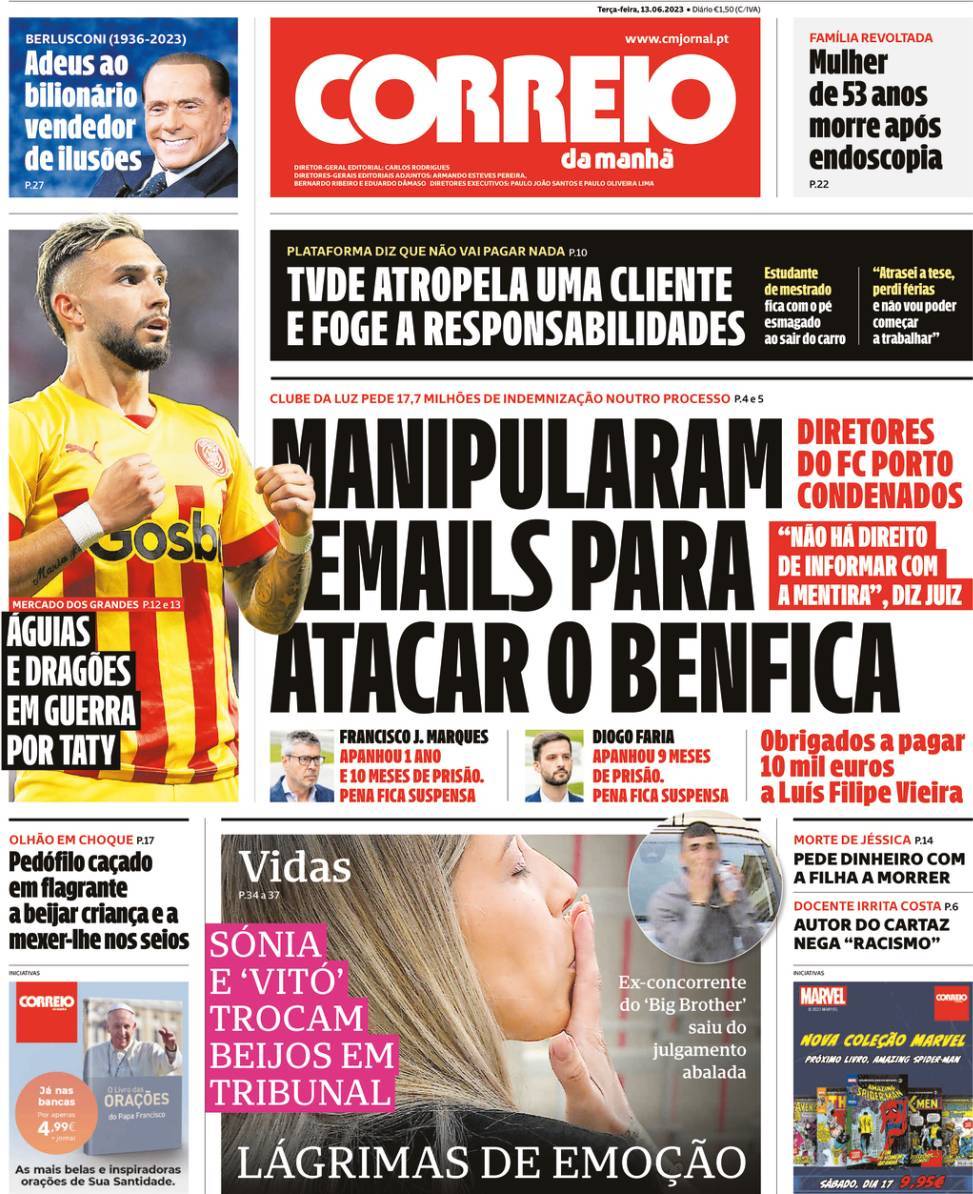Correio da Manh&atilde;: Capa da Edi&ccedil;&atilde;o de ter&ccedil;a-feira, 13 de junho 2023