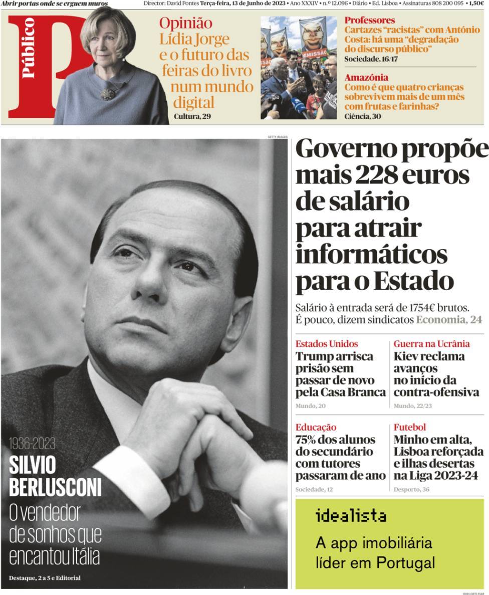 P&uacute;blico: Capa da Edi&ccedil;&atilde;o de ter&ccedil;a-feira, 13 de junho 2023