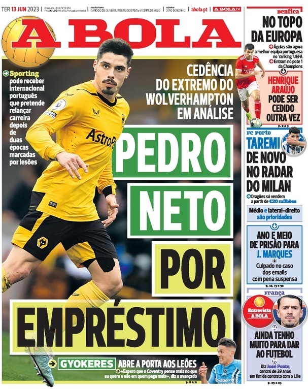 A Bola: Capa da Edi&ccedil;&atilde;o de ter&ccedil;a-feira, 13 de junho 2023