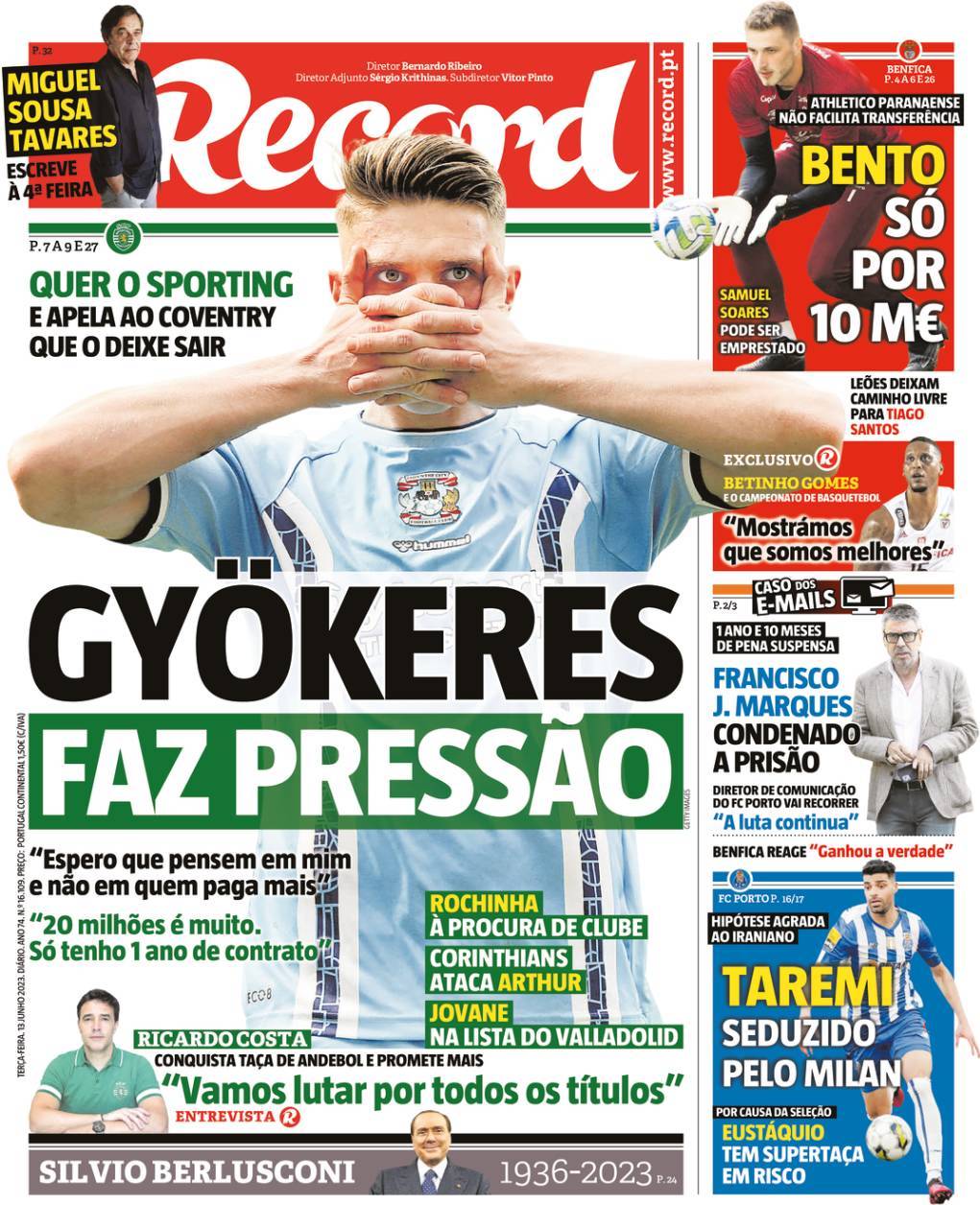 Record: Capa da Edi&ccedil;&atilde;o de ter&ccedil;a-feira, 13 de junho 2023