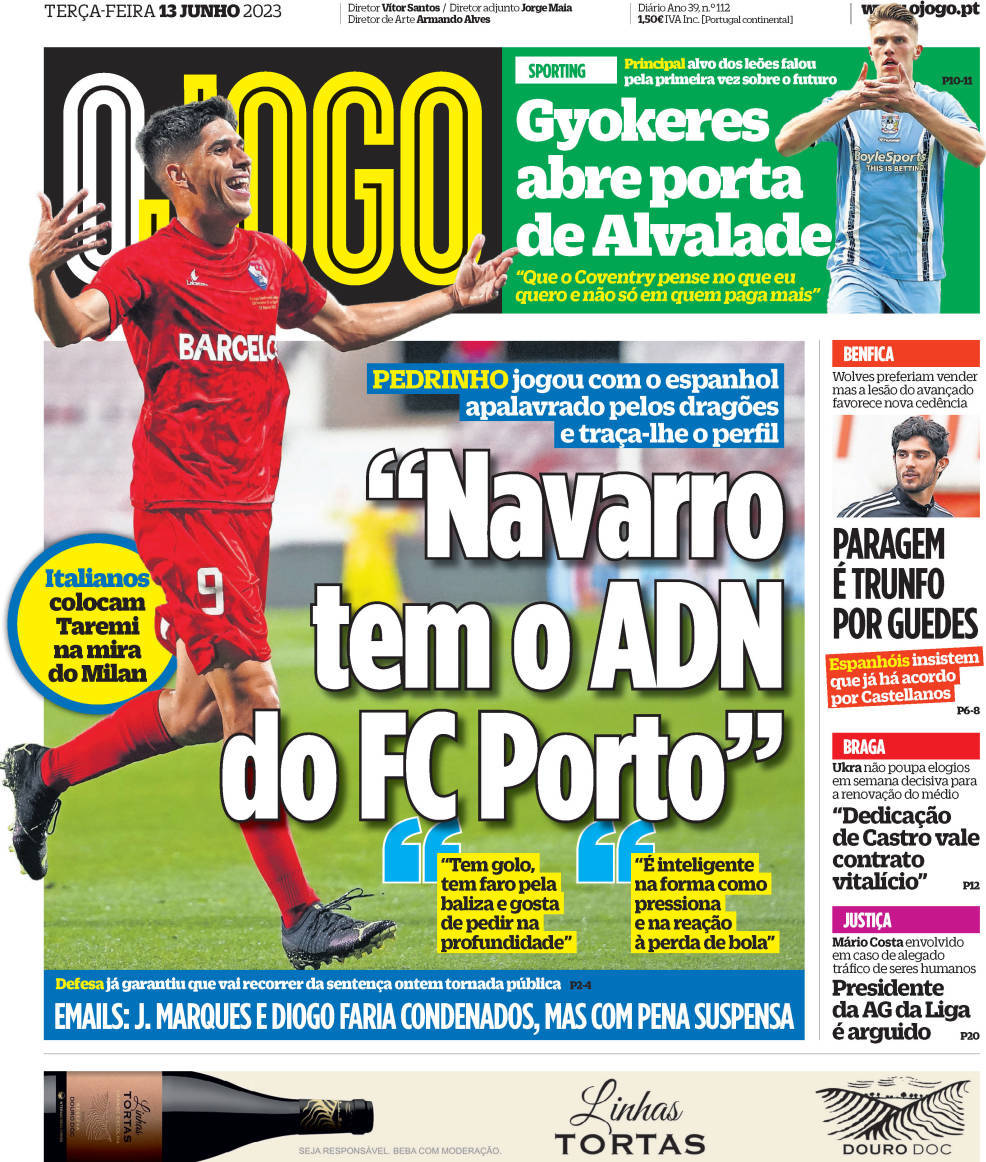 O Jogo: Capa da Edi&ccedil;&atilde;o de ter&ccedil;a-feira, 13 de junho 2023