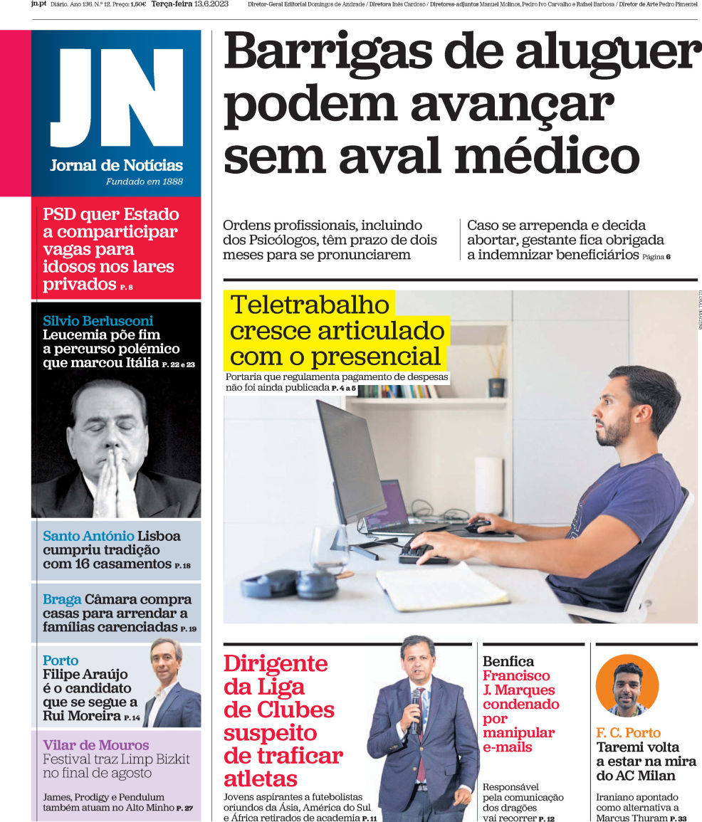 Jornal de Not&iacute;cias: Capa da Edi&ccedil;&atilde;o de ter&ccedil;a-feira, 13 de junho 2023