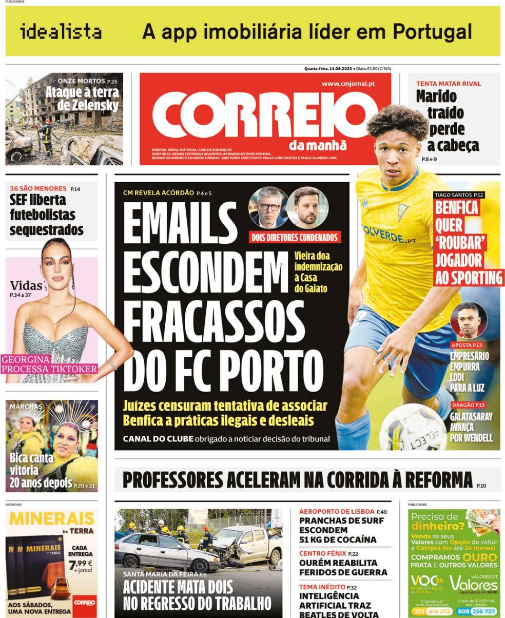 Correio da Manh&atilde;: Capa da Edi&ccedil;&atilde;o de quarta-feira, 14 de junho 2023