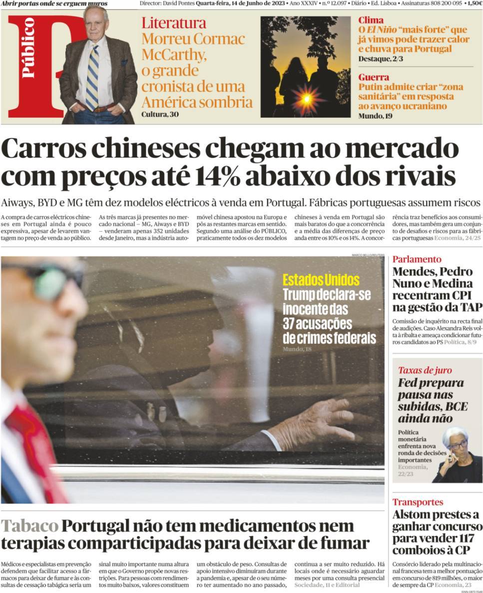 P&uacute;blico: Capa da Edi&ccedil;&atilde;o de quarta-feira, 14 de junho 2023