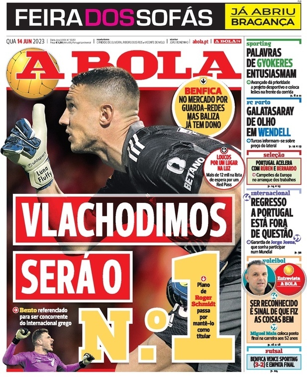 A Bola: Capa da Edi&ccedil;&atilde;o de quarta-feira, 14 de junho 2023