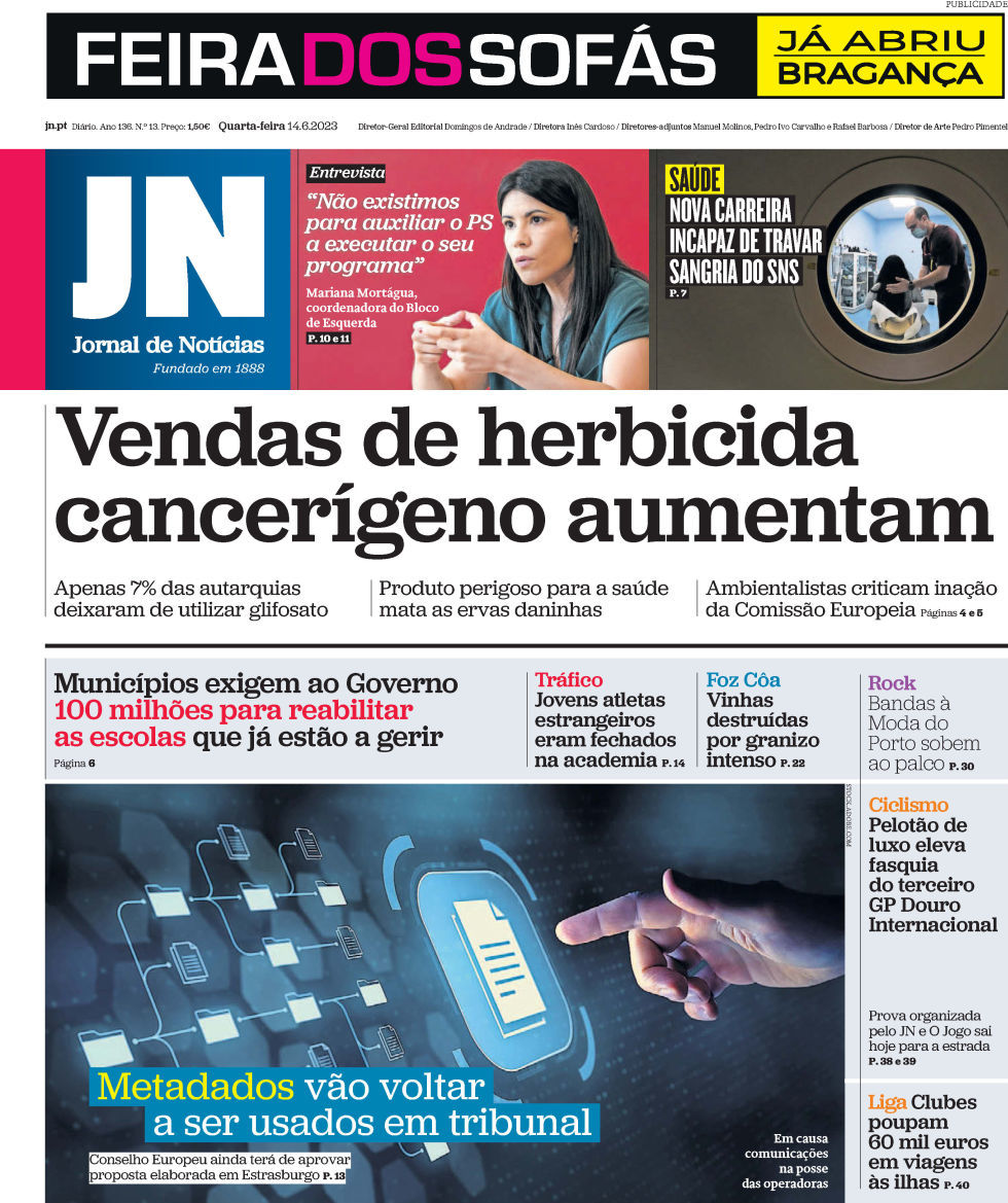 Jornal de Not&iacute;cias: Capa da Edi&ccedil;&atilde;o de quarta-feira, 14 de junho 2023