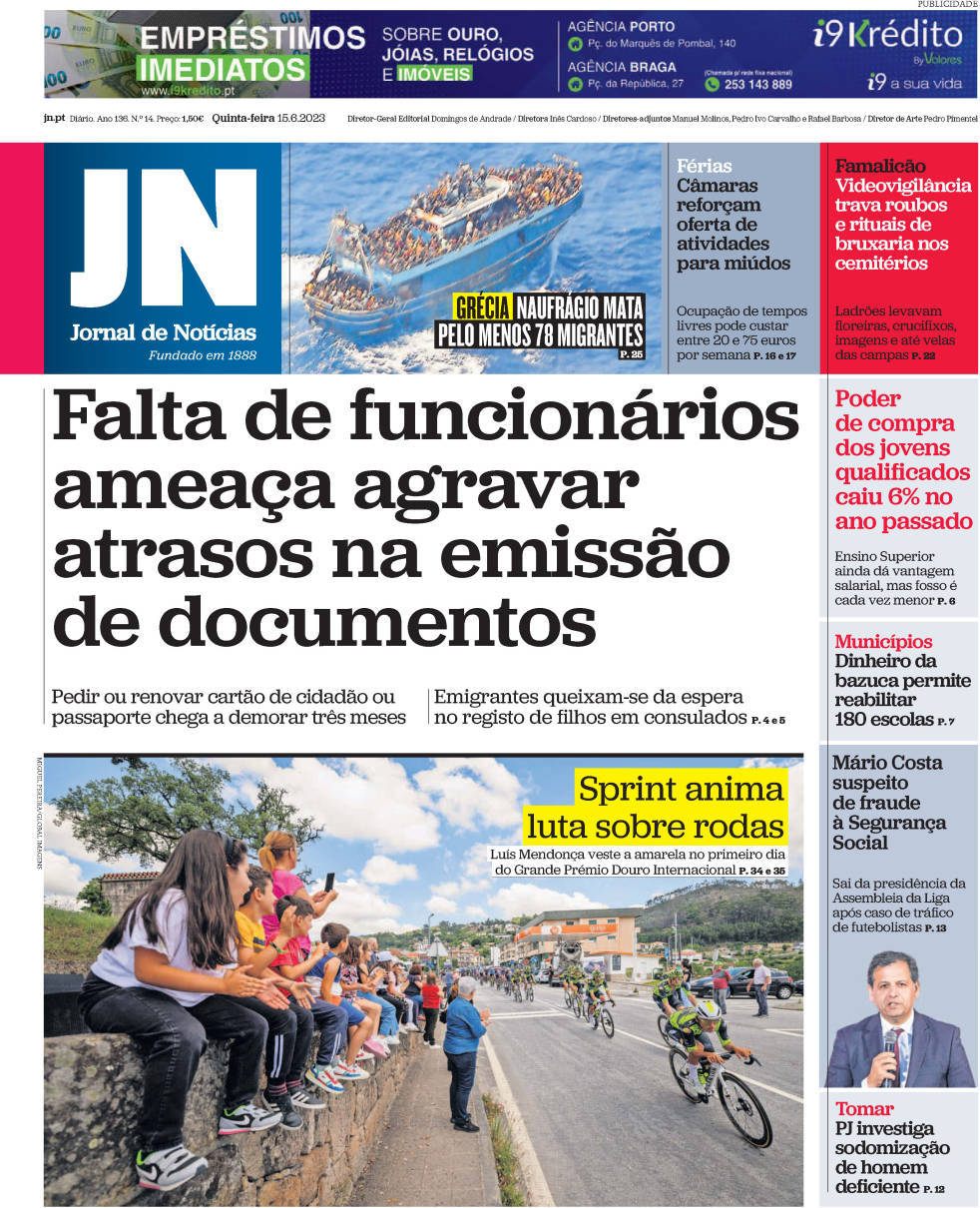 Jornal de Not&iacute;cias: Capa da Edi&ccedil;&atilde;o de quinta-feira, 15 de junho 2023