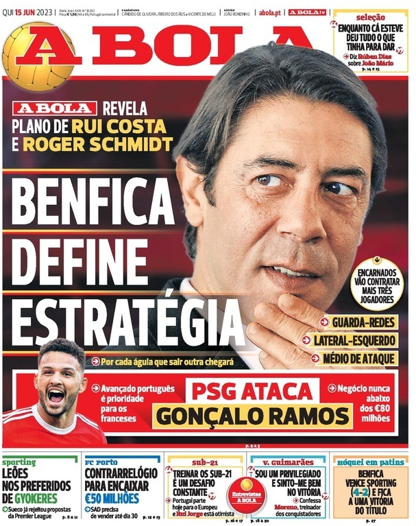 A Bola: Capa da Edi&ccedil;&atilde;o de quinta-feira, 15 de junho 2023