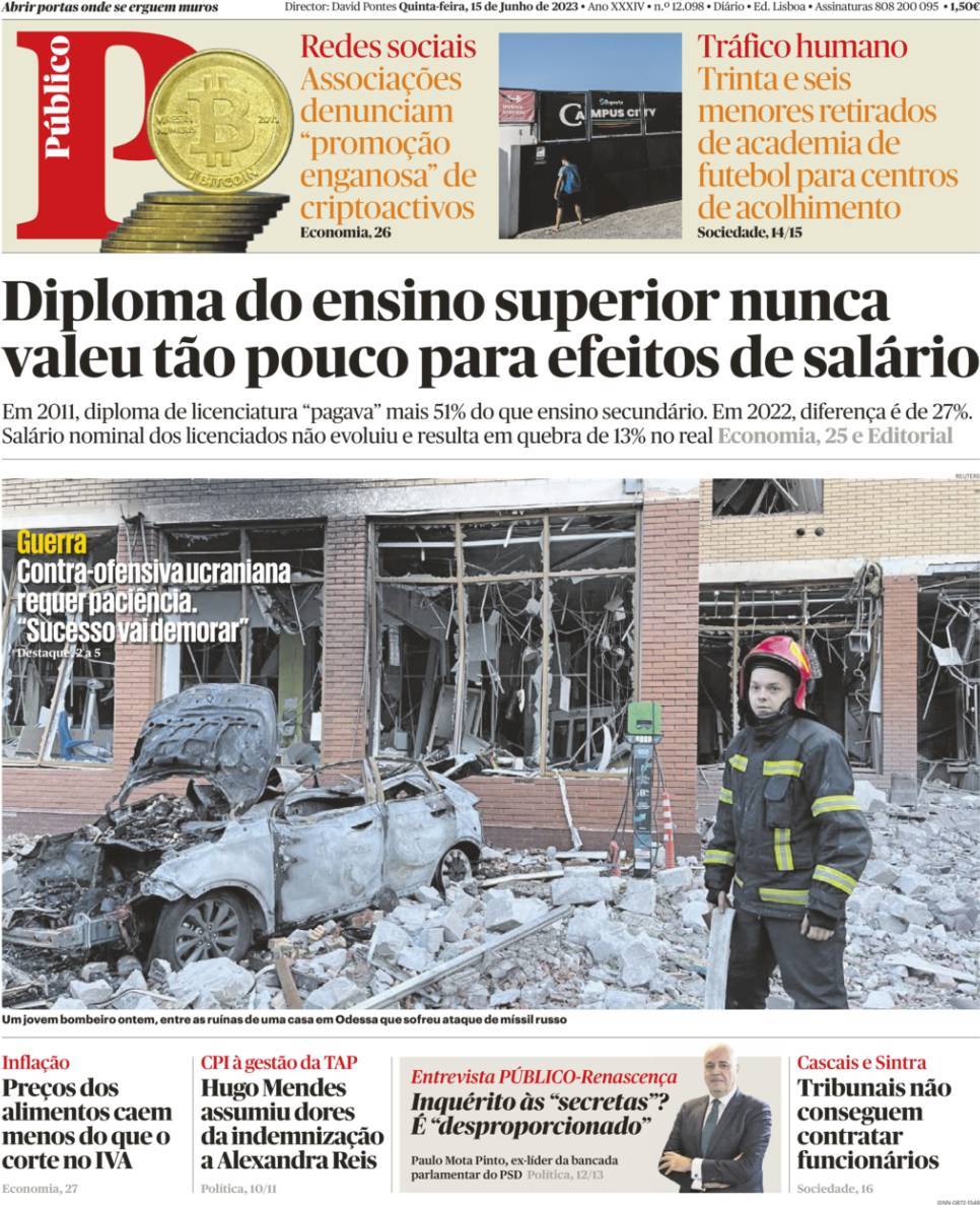 P&uacute;blico: Capa da Edi&ccedil;&atilde;o de quinta-feira, 15 de junho 2023