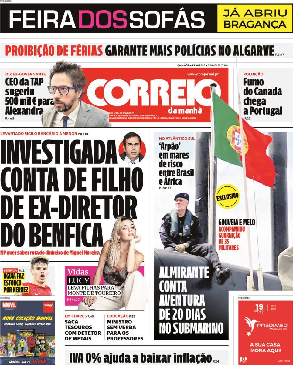 Correio da Manh&atilde;: Capa da Edi&ccedil;&atilde;o de quinta-feira, 15 de junho 2023