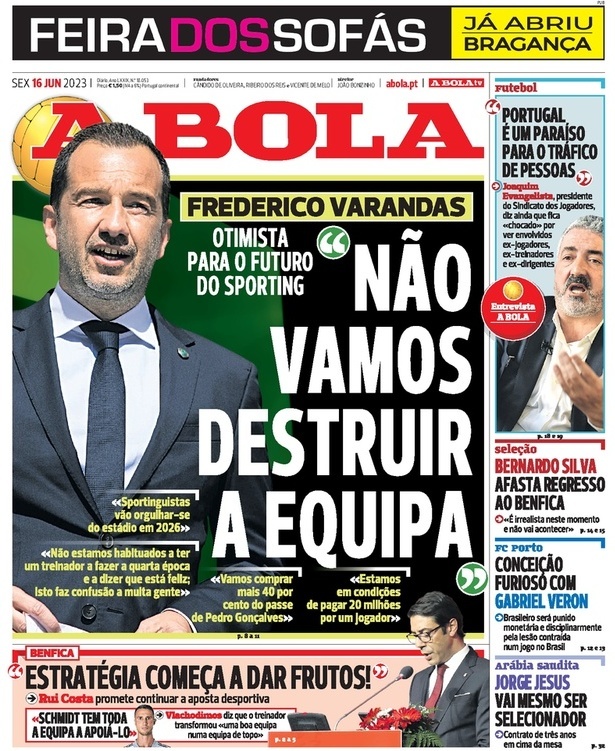 A Bola: Capa da Edi&ccedil;&atilde;o de sexta-feira, 16 de junho 2023