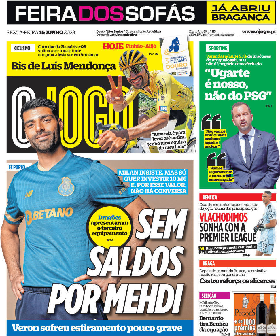 O Jogo: Capa da Edi&ccedil;&atilde;o de sexta-feira, 16 de junho 2023