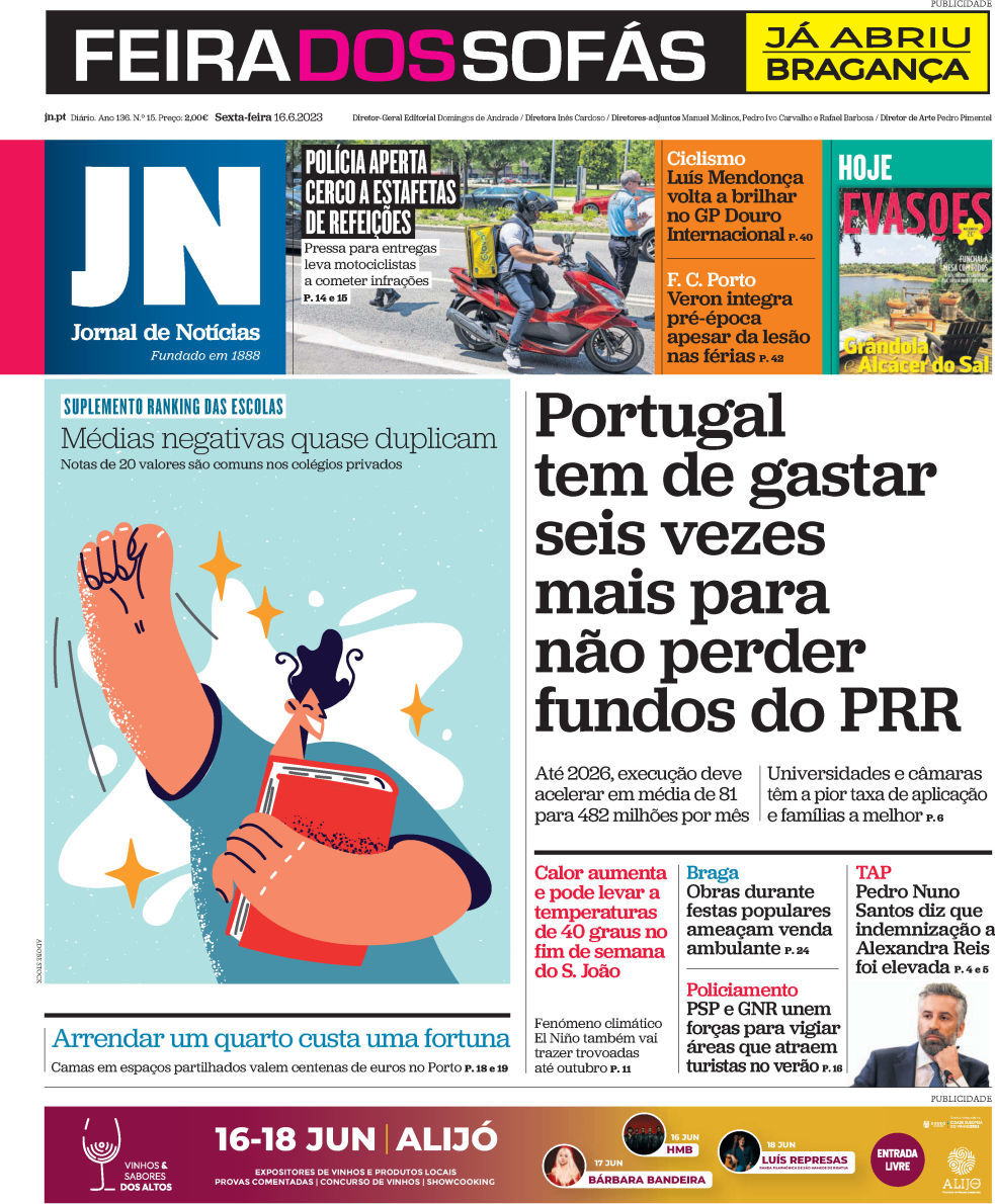 Jornal de Not&iacute;cias: Capa da Edi&ccedil;&atilde;o de sexta-feira, 16 de junho 2023
