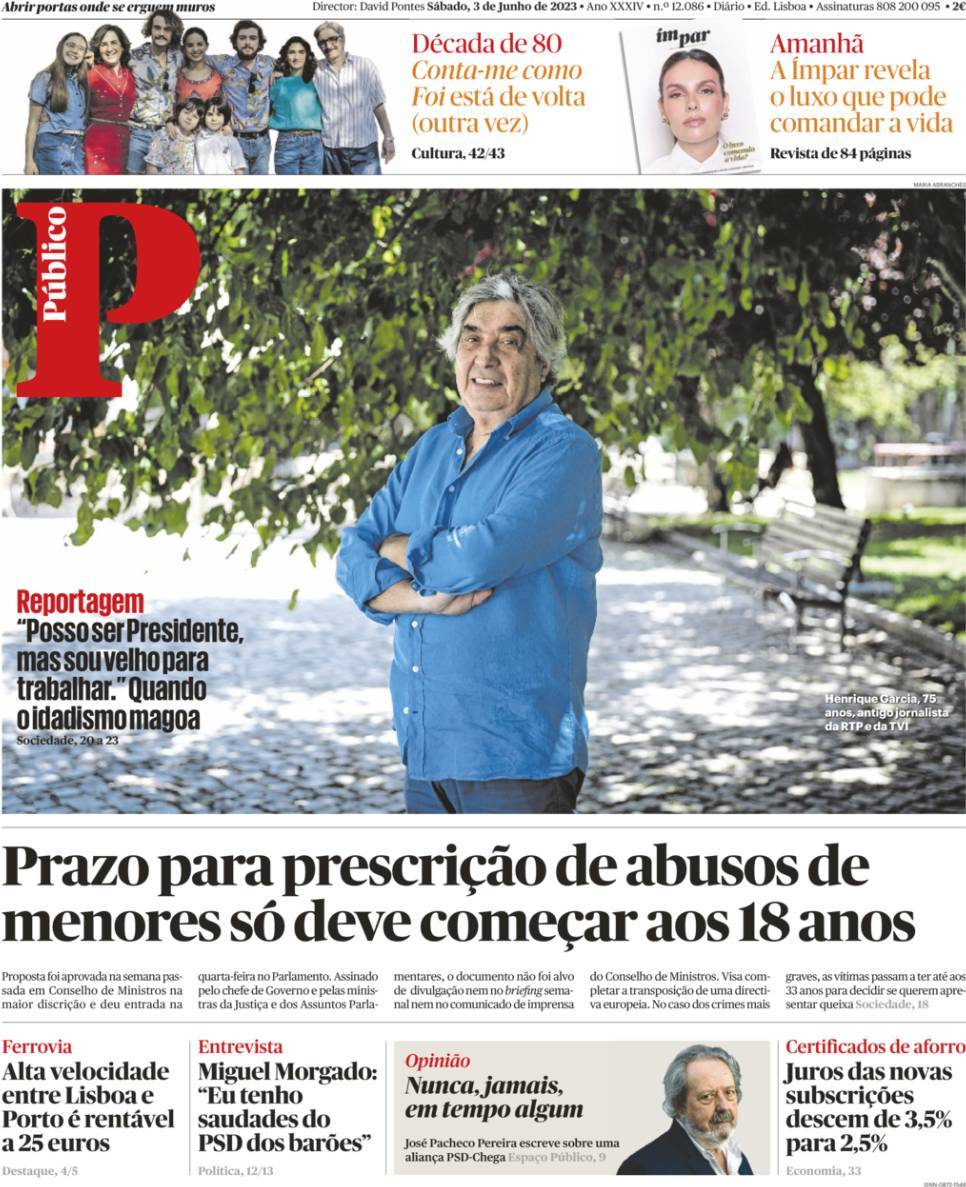 P&uacute;blico: Capa da Edi&ccedil;&atilde;o de s&aacute;bado, 03 de junho 2023