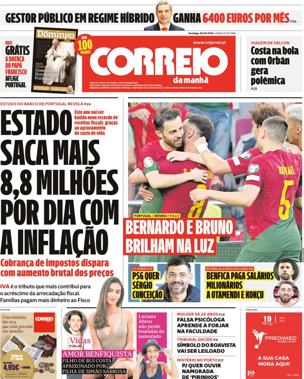 Correio da Manh&atilde;: Capa da Edi&ccedil;&atilde;o de domingo, 18 de junho 2023