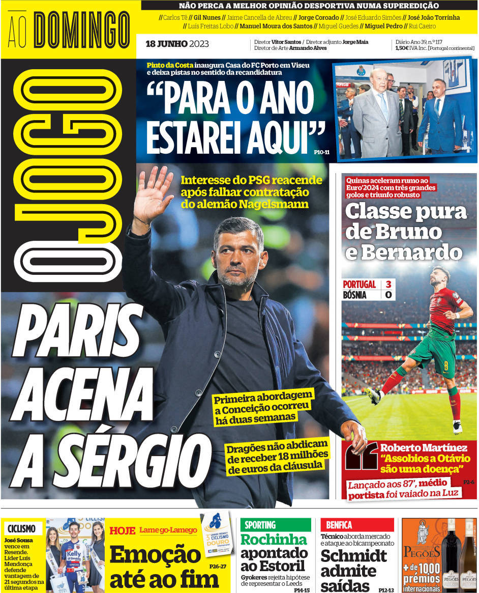 O Jogo: Capa da Edi&ccedil;&atilde;o de domingo, 18 de junho 2023
