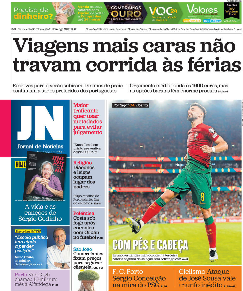 Jornal de Not&iacute;cias: Capa da Edi&ccedil;&atilde;o de domingo, 18 de junho 2023