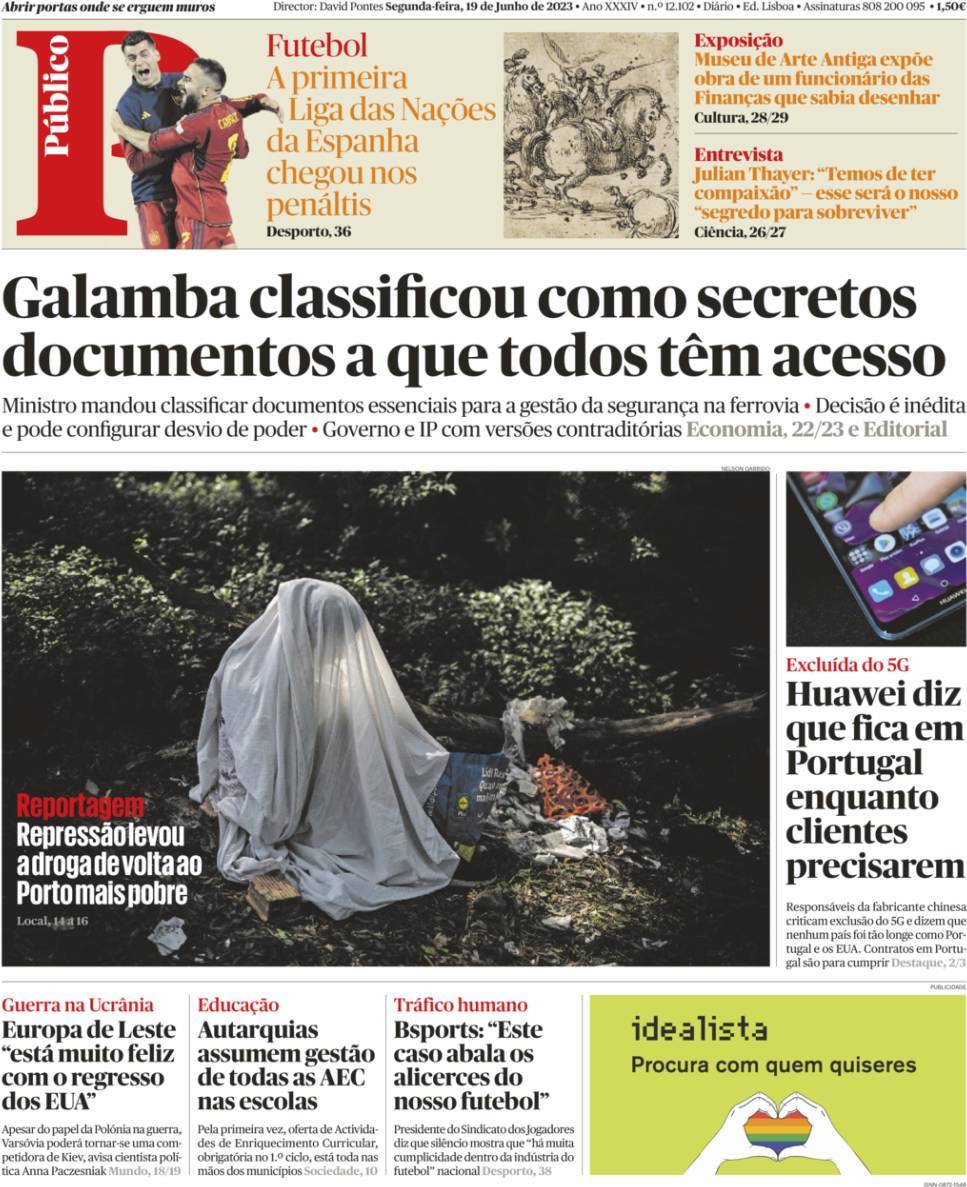 P&uacute;blico: Capa da Edi&ccedil;&atilde;o de segunda-feira, 19 de junho 2023