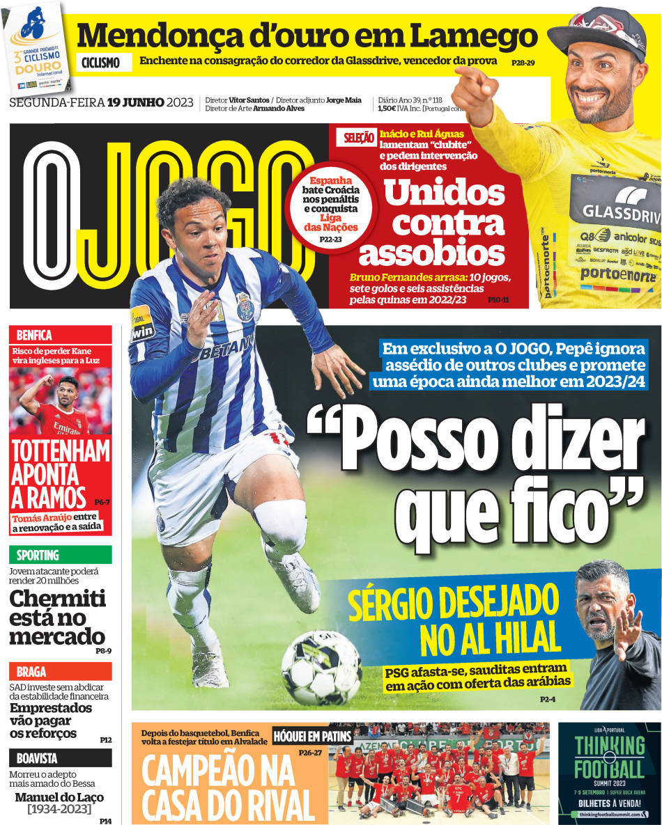 O Jogo: Capa da Edi&ccedil;&atilde;o de segunda-feira, 19 de junho 2023