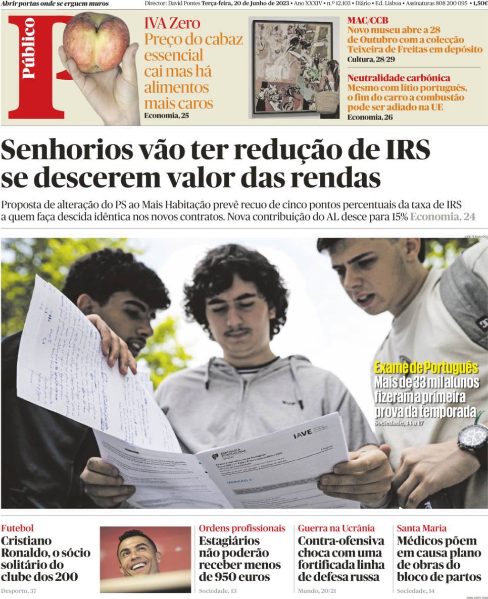 P&uacute;blico: Capa da Edi&ccedil;&atilde;o de ter&ccedil;a-feira, 20 de junho 2023