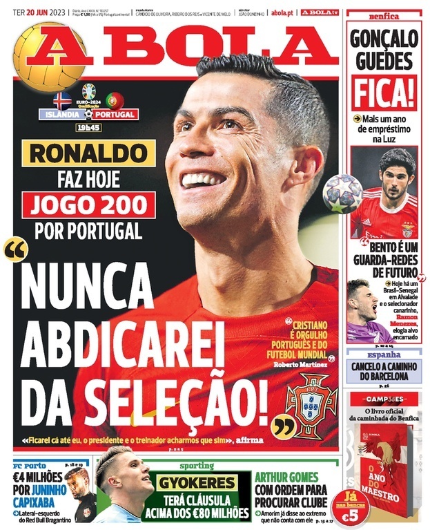 A Bola: Capa da Edi&ccedil;&atilde;o de ter&ccedil;a-feira, 20 de junho 2023