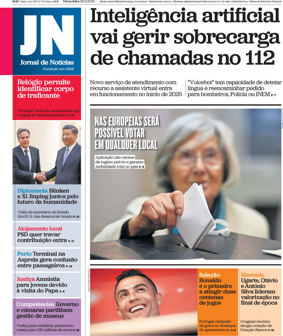 Jornal de Not&iacute;cias: Capa da Edi&ccedil;&atilde;o de ter&ccedil;a-feira, 20 de junho 2023