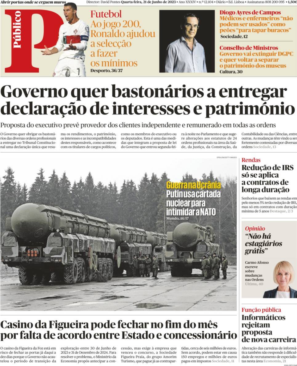 P&uacute;blico: Capa da Edi&ccedil;&atilde;o de quarta-feira, 21 de junho 2023