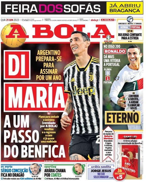 A Bola: Capa da Edi&ccedil;&atilde;o de quarta-feira, 21 de junho 2023