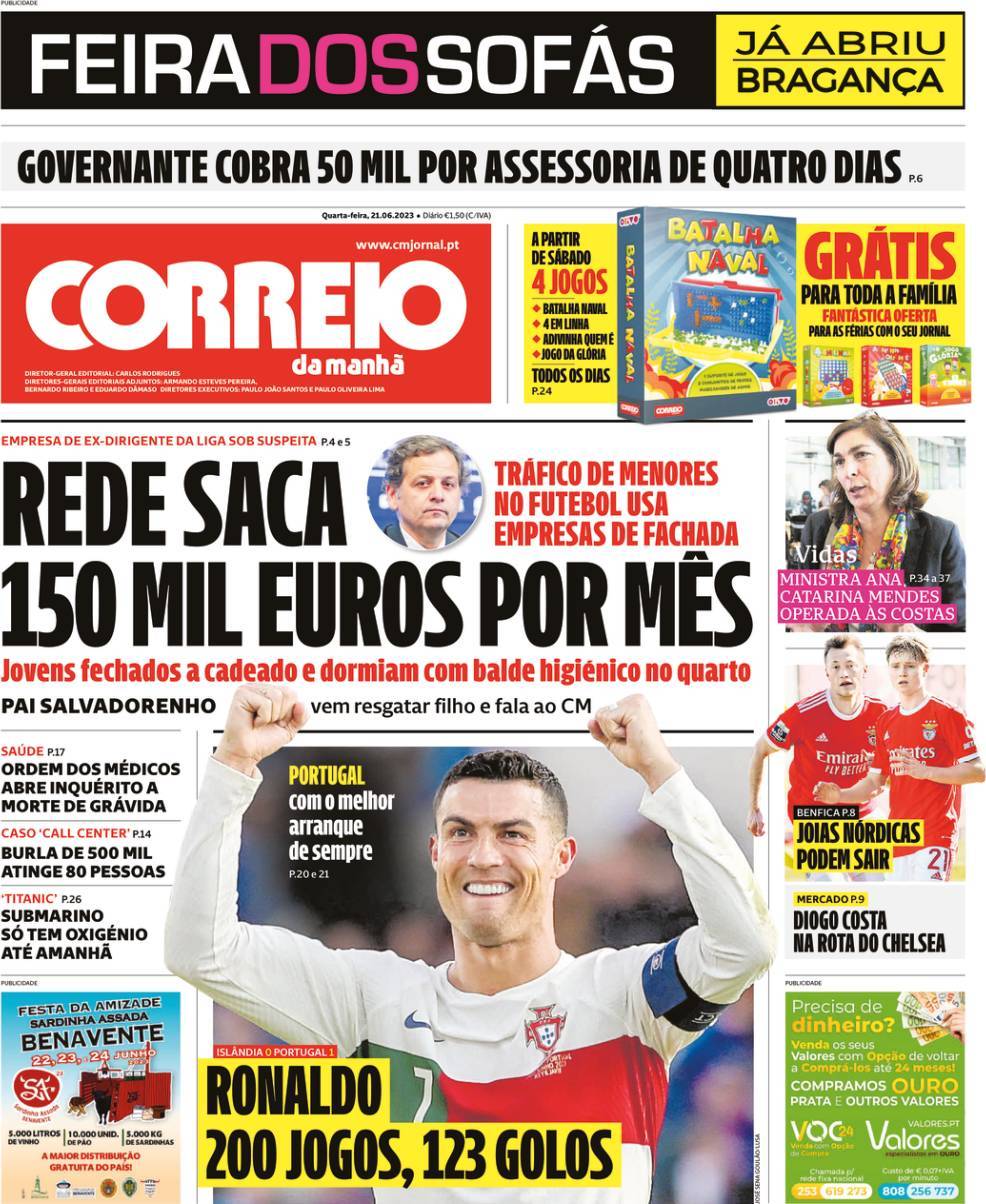 Correio da Manh&atilde;: Capa da Edi&ccedil;&atilde;o de quarta-feira, 21 de junho 2023