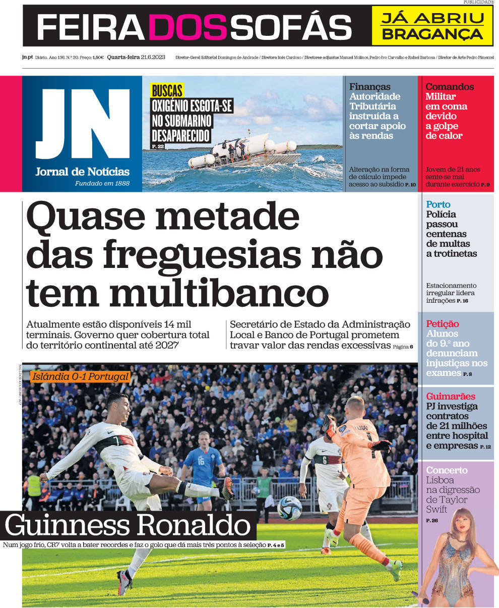 Jornal de Not&iacute;cias: Capa da Edi&ccedil;&atilde;o de quarta-feira, 21 de junho 2023