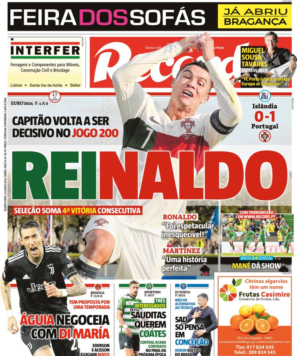 Record: Capa da Edi&ccedil;&atilde;o de quarta-feira, 21 de junho 2023