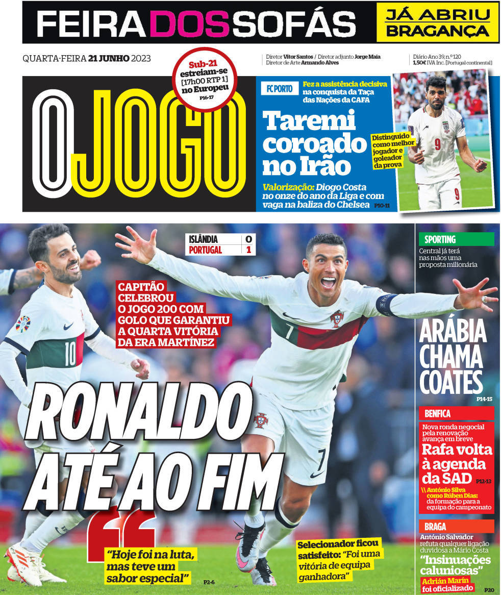 O Jogo: Capa da Edi&ccedil;&atilde;o de quarta-feira, 21 de junho 2023