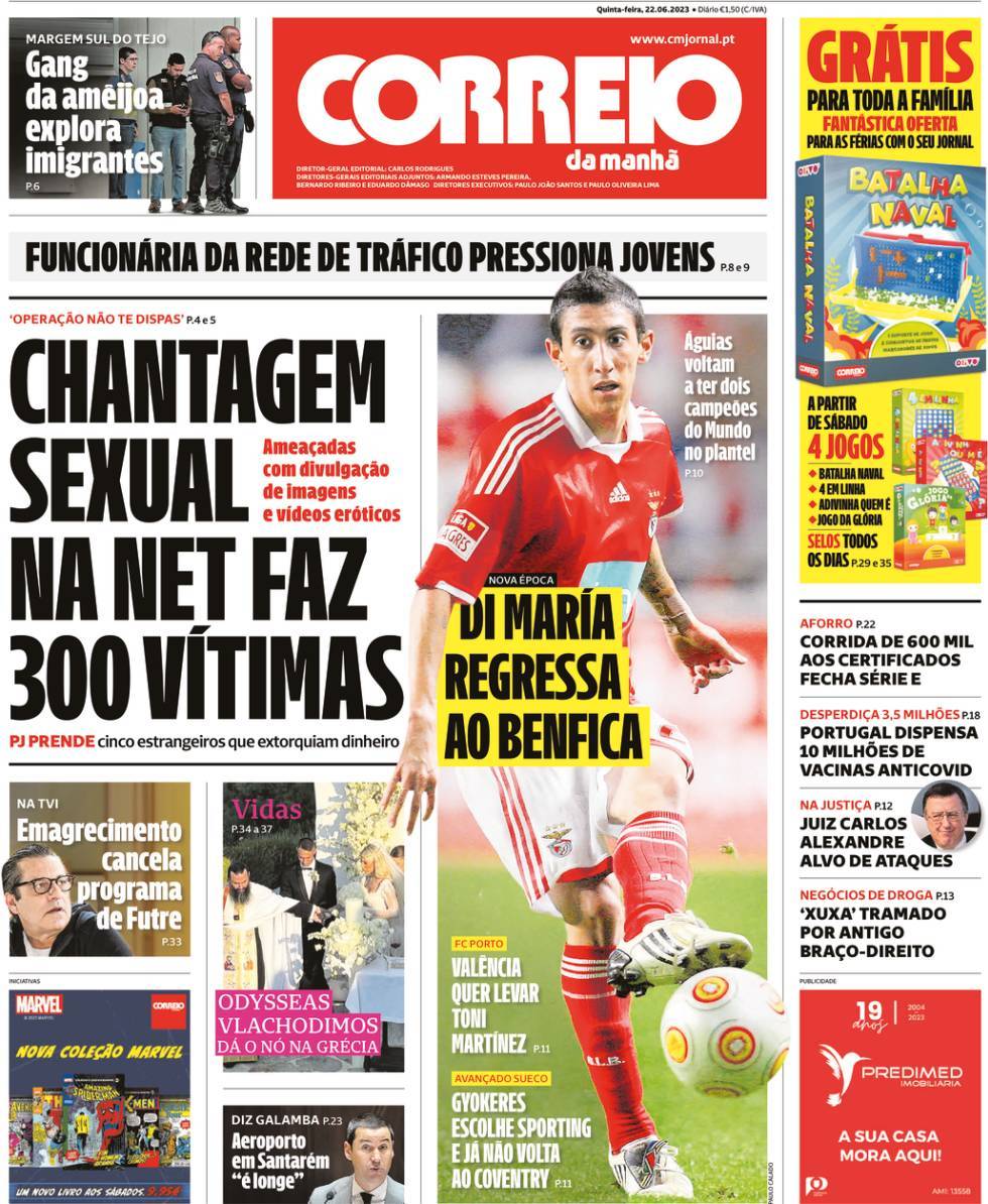 Correio da Manh&atilde;: Capa da Edi&ccedil;&atilde;o de quinta-feira, 22 de junho 2023
