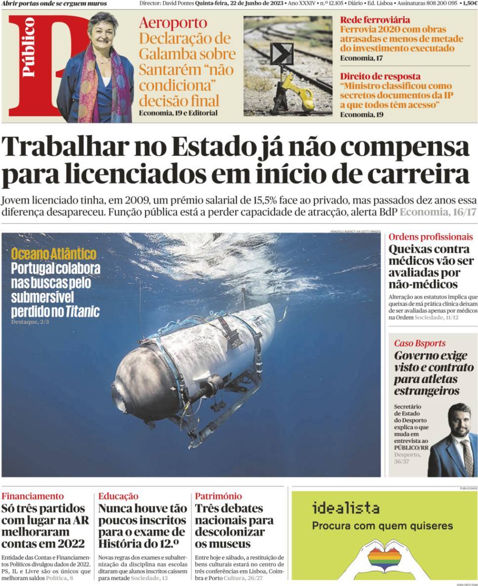 P&uacute;blico: Capa da Edi&ccedil;&atilde;o de quinta-feira, 22 de junho 2023