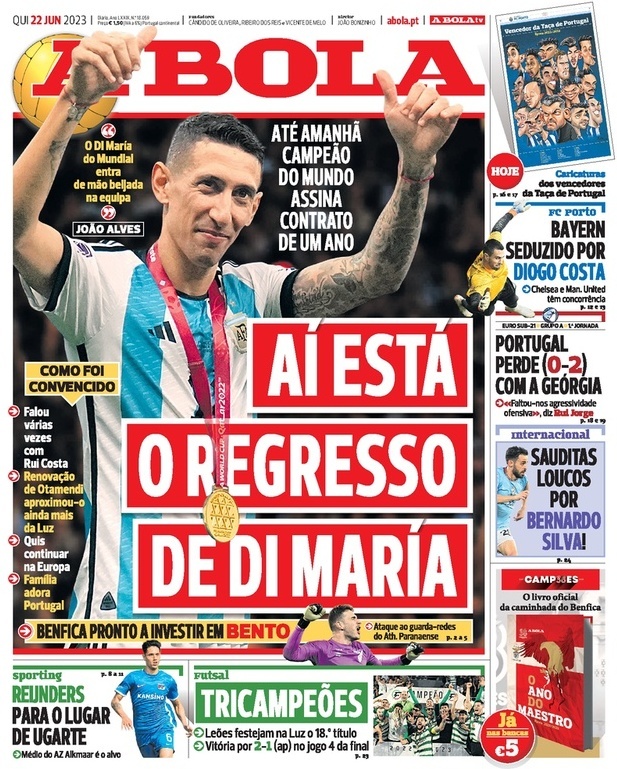 A Bola: Capa da Edi&ccedil;&atilde;o de quinta-feira, 22 de junho 2023