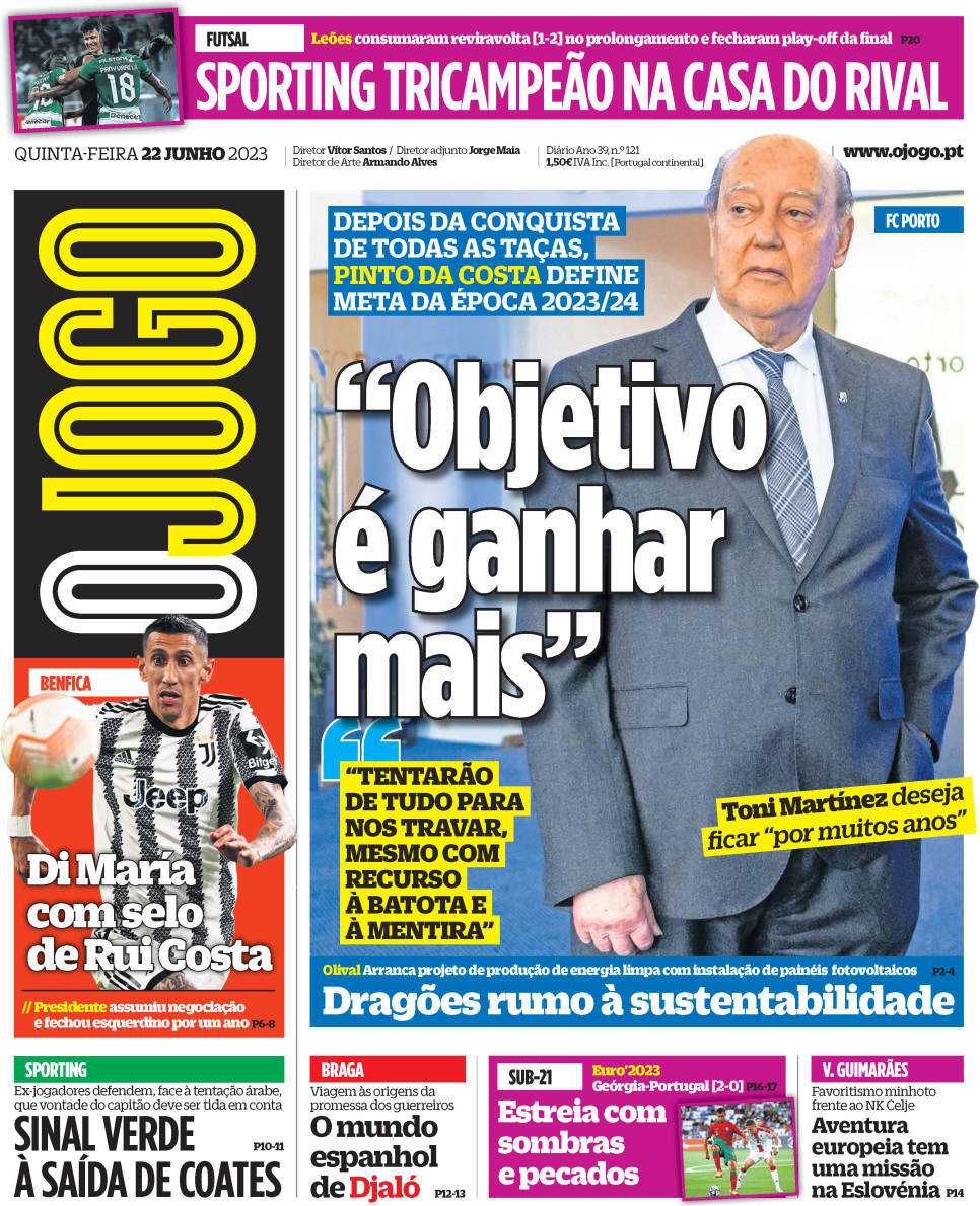 O Jogo: Capa da Edi&ccedil;&atilde;o de quinta-feira, 22 de junho 2023