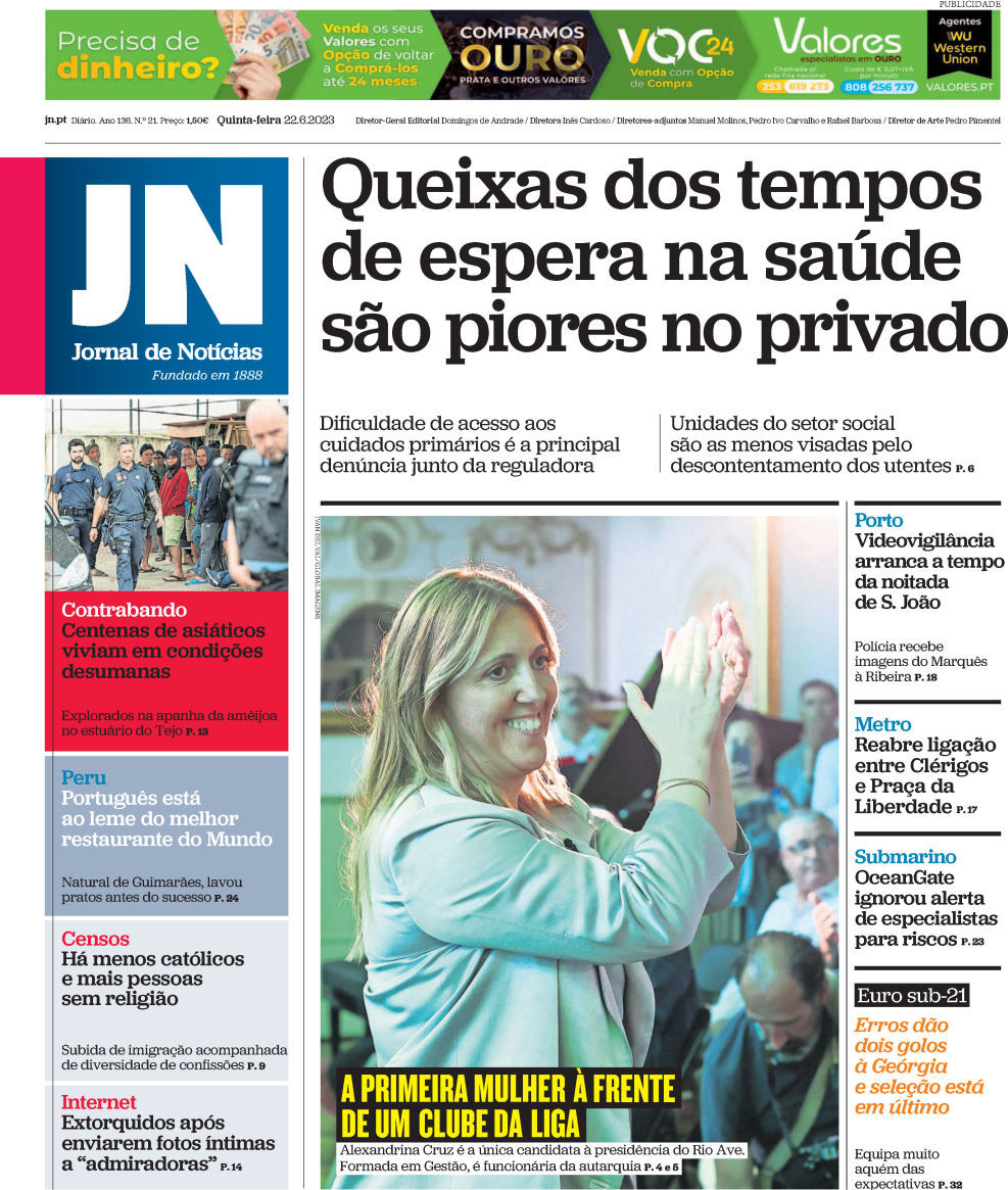 Jornal de Not&iacute;cias: Capa da Edi&ccedil;&atilde;o de quinta-feira, 22 de junho 2023