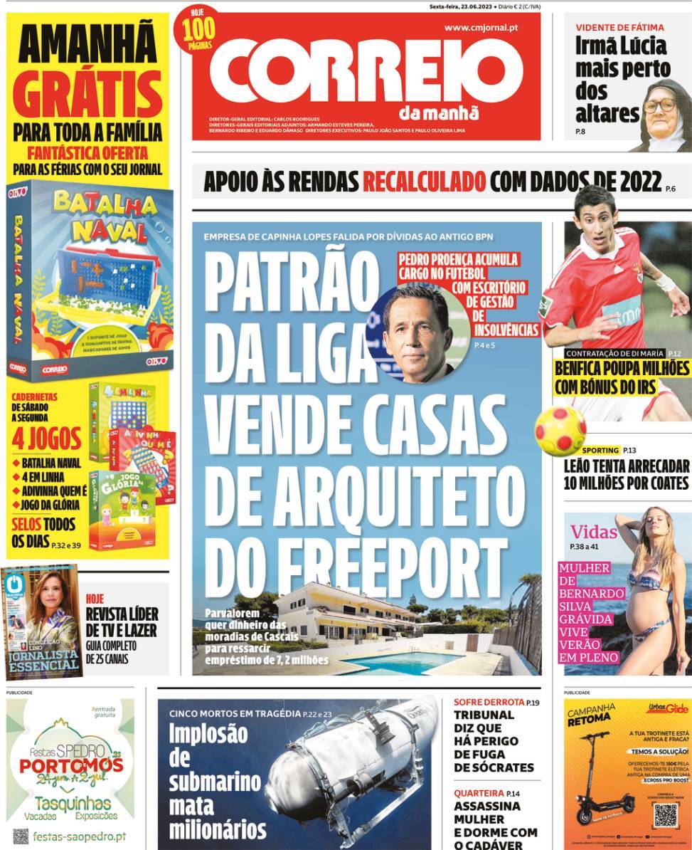 Correio da Manh&atilde;: Capa da Edi&ccedil;&atilde;o de sexta-feira, 23 de junho 2023