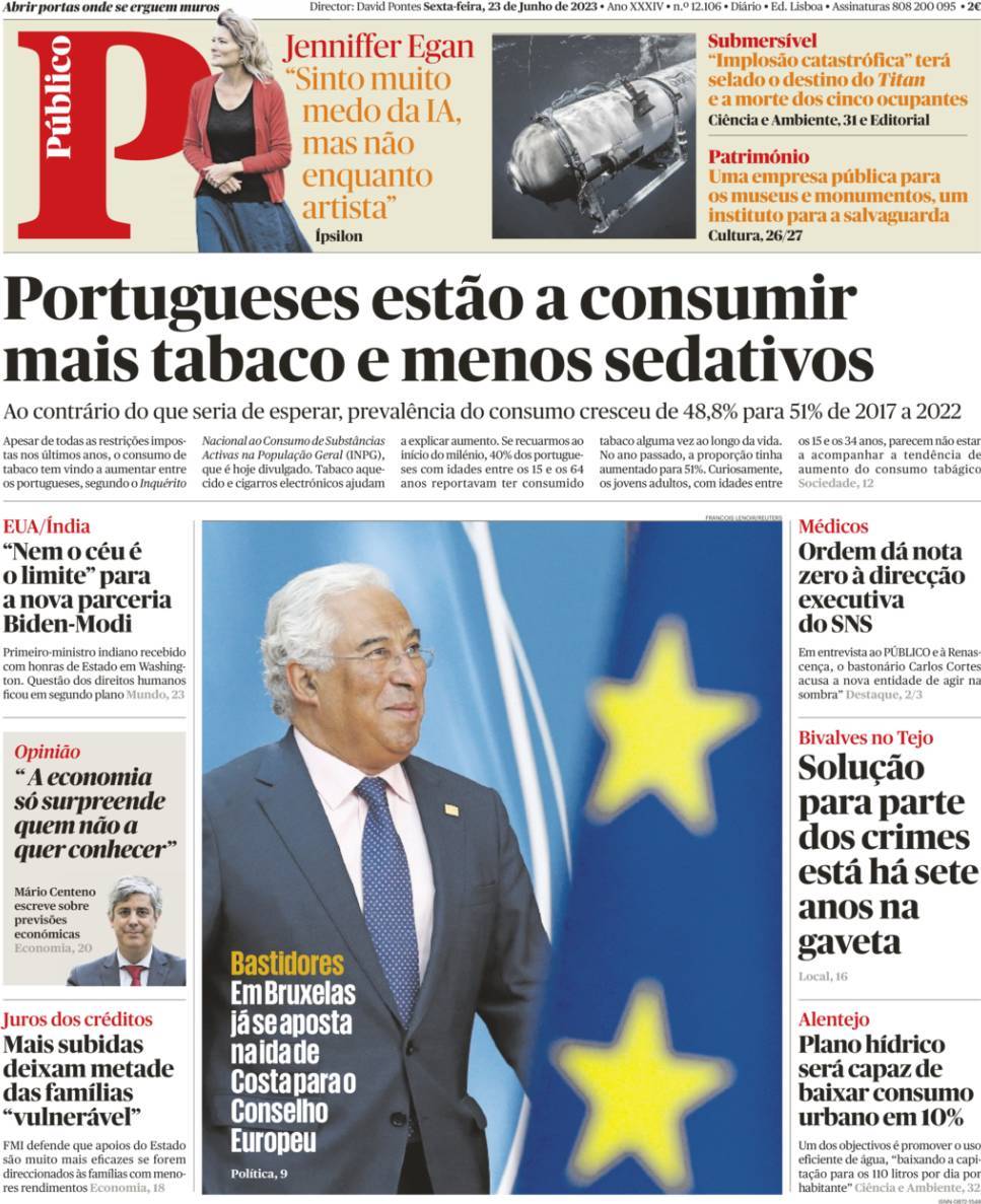 P&uacute;blico: Capa da Edi&ccedil;&atilde;o de sexta-feira, 23 de junho 2023