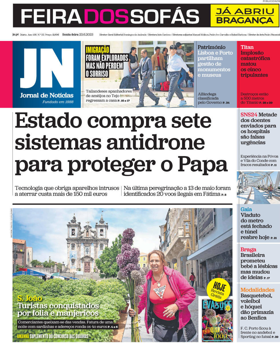Jornal de Not&iacute;cias: Capa da Edi&ccedil;&atilde;o de sexta-feira, 23 de junho 2023
