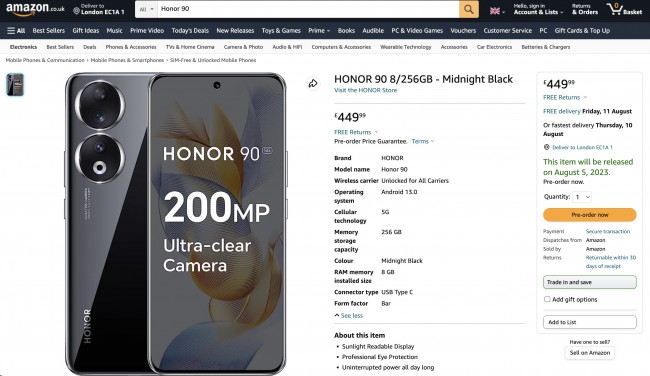 Honor 90 dispon&iacute;vel para pr&eacute;-encomenda na Amazon UK por &pound;450 antes do lan&ccedil;amento global a 6 de julho