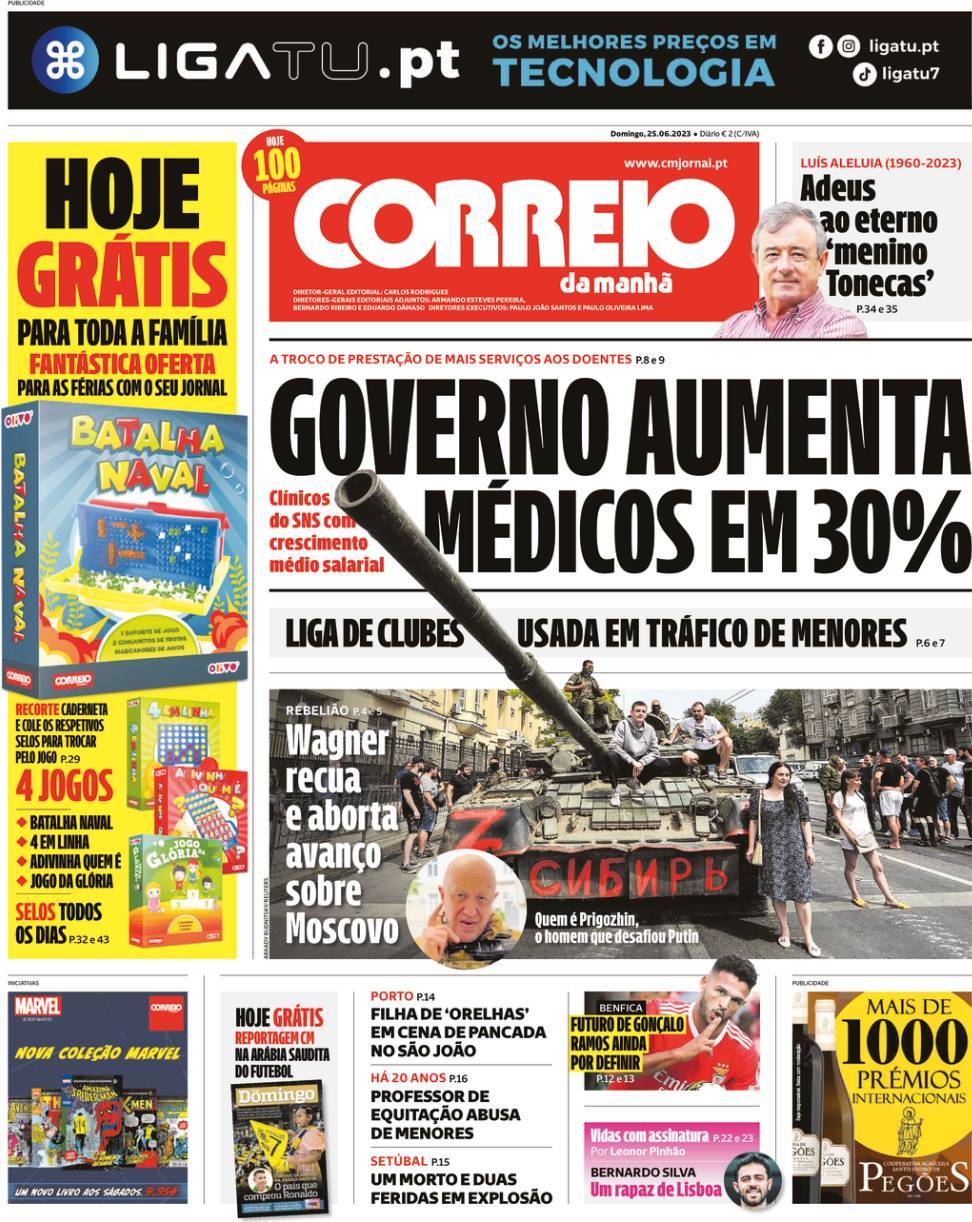 Correio da Manh&atilde;: Capa da Edi&ccedil;&atilde;o de domingo, 25 de junho 2023