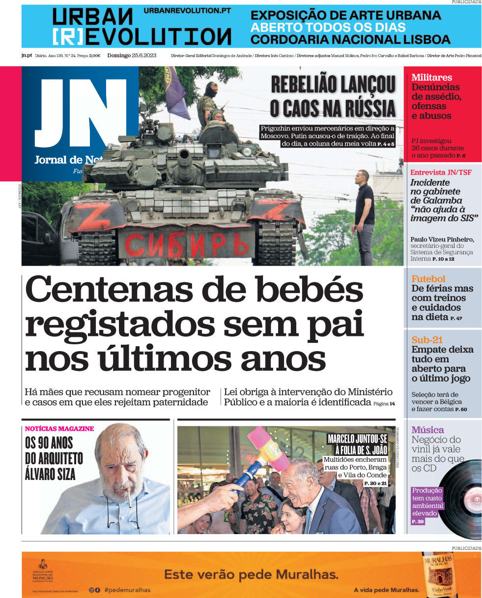 Jornal de Not&iacute;cias: Capa da Edi&ccedil;&atilde;o de domingo, 25 de junho 2023